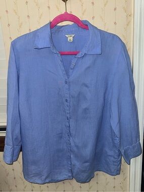 L.L.Bean Women’s Large 100% Linen Button Down Shirt Blue Roll Tab Sleeve